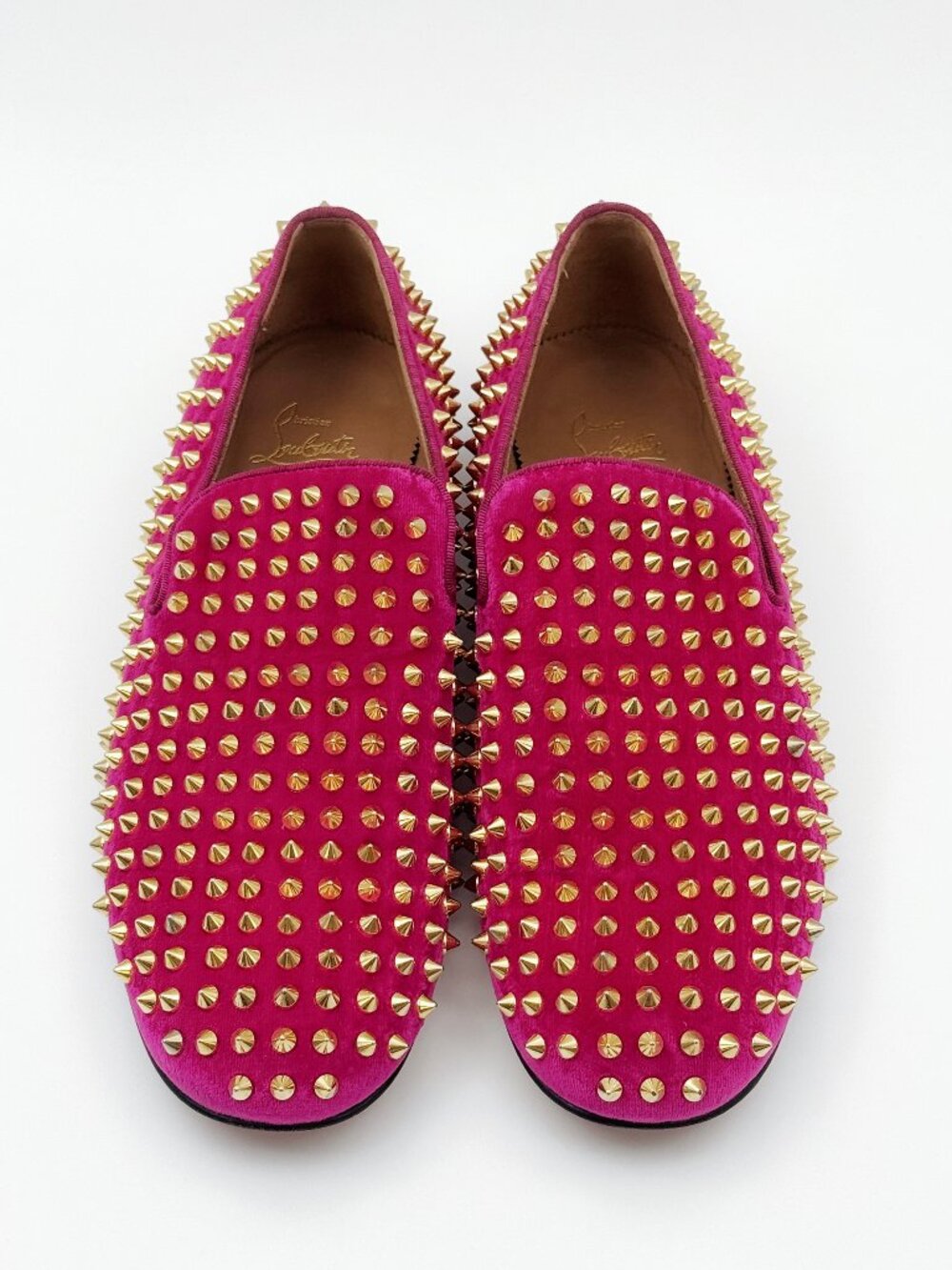 Christian Louboutin pink velvet loafers with gold studs